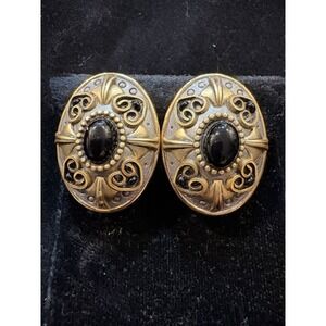 Vintage Estate Michael Golan black onyx gold tone clip earrings Marked